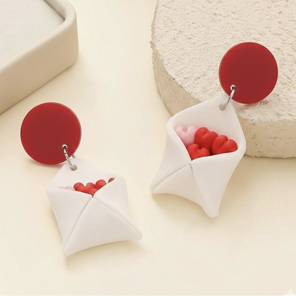 Heart Filled Envelope Studs - Handmade Clay Earrings -  Valentine’s Day